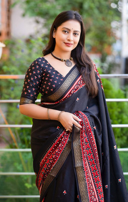 SVPrints Geometric Print, Temple Border Bollywood Georgette Saree(Black)