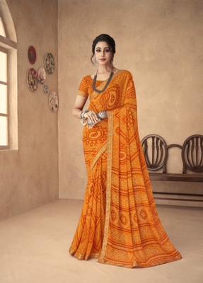 Tasrika Floral Print, Geometric Print, Digital Print, Printed Bandhani Chiffon Saree(Mustard)