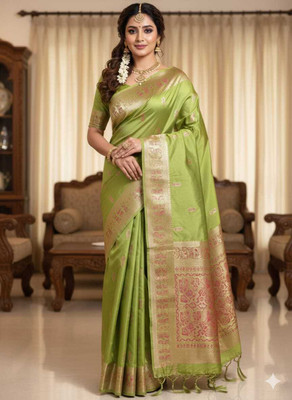 Maa vaishno collection Woven, Floral Print Banarasi Silk Blend Saree(Green)