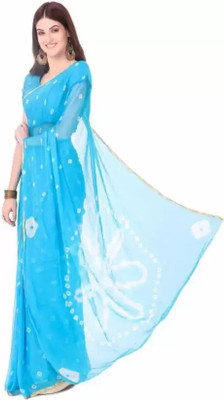 Swarne Printed Bandhani Chiffon Saree(Light Blue)