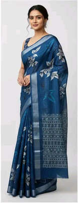 Devkinanndan Floral Print, Printed, Woven Daily Wear Cotton Linen Saree(Blue)