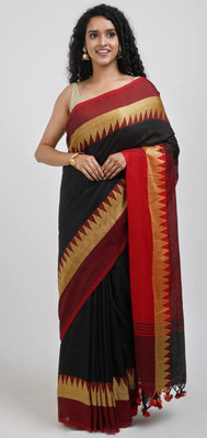 HouseOfCommon Color Block Handloom Pure Cotton Saree(Red, Black)