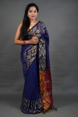 Rnn Embroidered Handloom Cotton Silk Saree(Dark Blue)