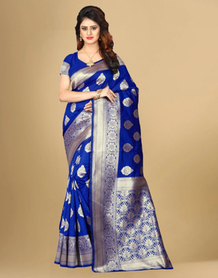 Samah Woven, Embellished, Self Design Banarasi Silk Blend, Jacquard Saree(Dark Blue, Gold)