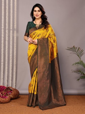 AVANTIKA FASHION Woven Kanjivaram Pure Silk, Art Silk Saree(Yellow, Green)