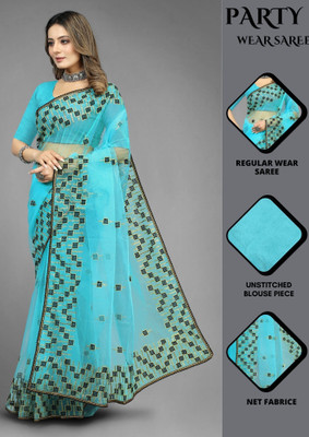 Barkiya Creation Embroidered Bollywood Net Saree(Blue)