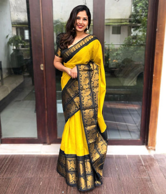 MM VENTURE Self Design Kanjivaram Pure Silk Saree(Yellow)