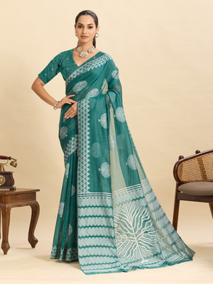 HouseOfCommon Printed, Woven Bhagalpuri Cotton Silk Saree(Green)