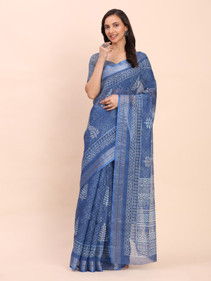 Divastri Printed Kantha Cotton Linen Saree(Blue)