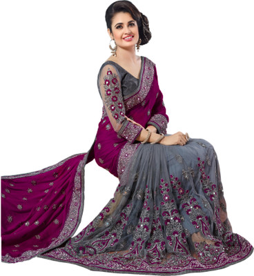 vaidehicreation Embroidered, Embellished Bollywood Net, Art Silk Saree(Purple)