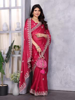 ALAGINI Embellished Bollywood Silk Blend Saree(Red)