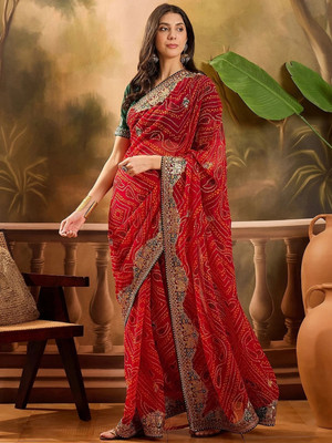 BHAGYAVATI DESIGNER Printed Bandhani Art Silk Saree(Red)