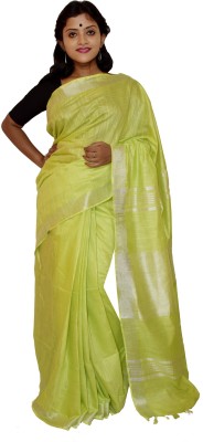 KheyaliBoutique Woven Handloom Cotton Linen Saree(Light Green)