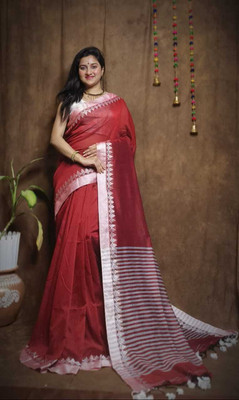 Anidipta collection Self Design Handloom Cotton Blend Saree(Red)