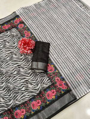 PRTRENDZ Digital Print, Woven Kanjivaram Pure Cotton, Cotton Linen Saree(Black)