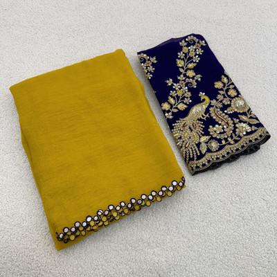 KONICA FAB Solid/Plain, Embroidered Bollywood Tissue Saree(Yellow)