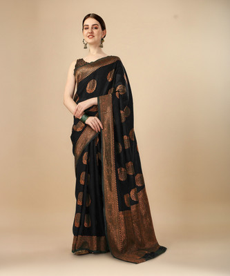 sweny Solid/Plain Kanjivaram Art Silk, Pure Silk Saree(Black)