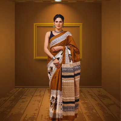 Tetarwal Floral Print Daily Wear Pure Cotton Saree(Mustard)