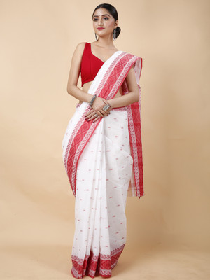 SRILOK Woven Tant Pure Cotton Saree(White)