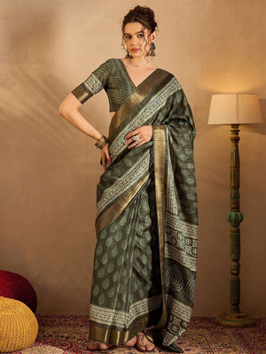 Anouk Rustic Printed Chinnalapattu Silk Blend Saree(Light Green)