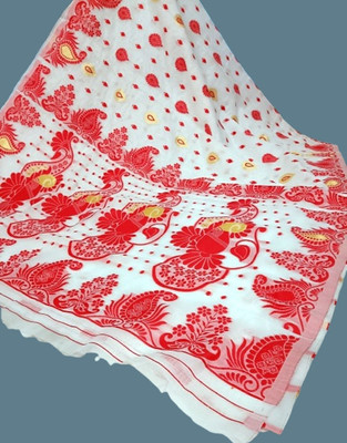 Priyongboda Paisley Jamdani Handloom Cotton Blend Saree(Red, White)