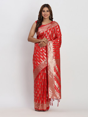 Tasrika Woven Banarasi Cotton Silk Saree(Red)