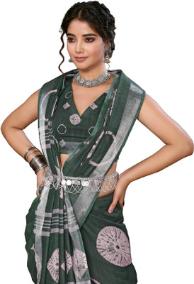 Priyashi Printed, Floral Print Mysore Cotton Silk Saree(Green)