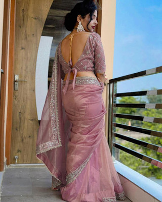 Vinayak Textile Embroidered, Embellished Bollywood Tissue, Net Saree(Pink, Gold)