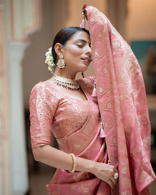 K SALIYA Woven Banarasi Silk Blend Saree(Pink)