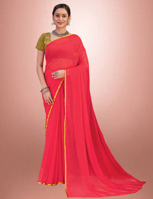 LIME Solid/Plain Saree with Attached Blouse Chiffon Saree(Pink)