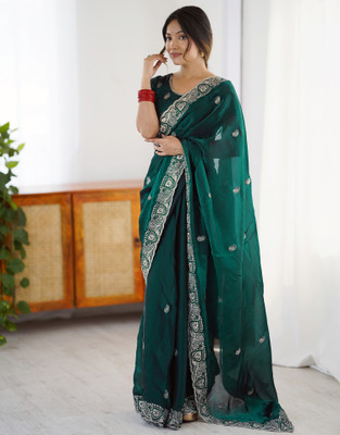 all about you Embroidered, Self Design Bollywood Tissue Saree(Green)