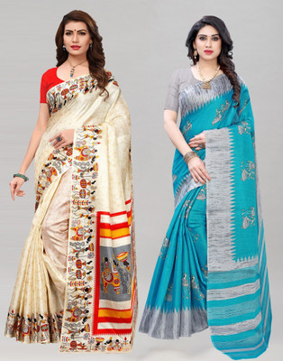 Grubstaker Graphic Print, Floral Print Banarasi Cotton Silk Saree(Pack of 2, Blue, Cream)