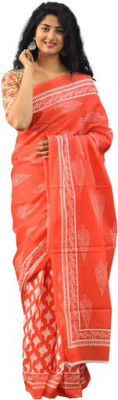 Clothonus Printed Ikkat Pure Cotton Saree(Orange)