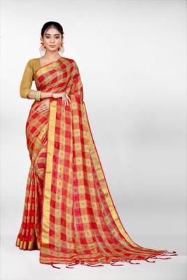 KEYU FASHION Checkered Chettinadu Chiffon Saree(Red, Gold)