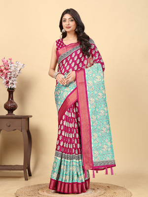 HouseOfCommon Floral Print Handloom Art Silk Saree(Pink)