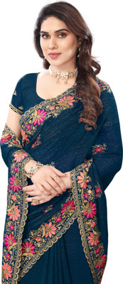 MIYANIFAB Embroidered Bollywood Georgette Saree(Dark Green)