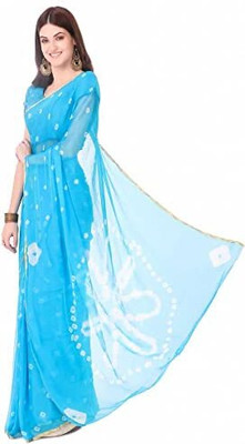 JustEthnic Geometric Print Bandhani Chiffon Saree(Light Blue)