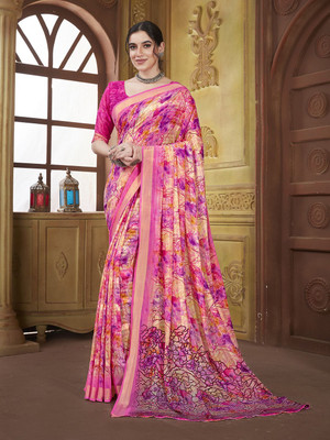Vichitra Floral Print Bollywood Georgette Saree(Pink)