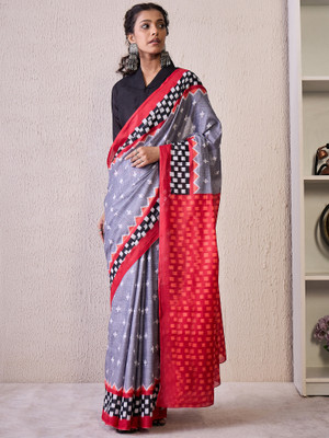 Tasrika Printed Pochampally Cotton Blend Saree(Grey)