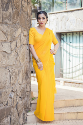 Moda Rapido Solid/Plain, Dyed Bollywood Georgette Saree(Yellow)