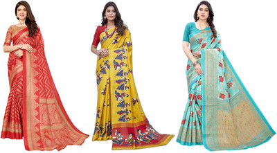 ANIRAV Printed, Woven Bollywood Art Silk Saree(Pack of 3, Red, Yellow, Blue)