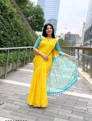 TRUORIGIN Printed, Floral Print, Digital Print, Self Design Bollywood Linen, Cotton Linen Saree(Yellow)