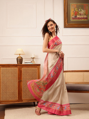 Divastri Floral Print Banarasi Silk Blend Saree(Beige)