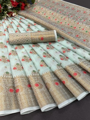 KRENIW Printed, Self Design, Woven, Floral Print Banarasi Jacquard, Cotton Silk Saree(Light Blue)