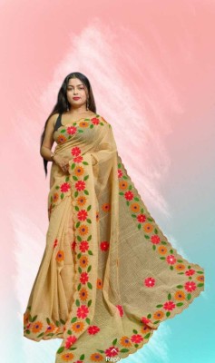 Woven fashion Embroidered Bollywood Cotton Blend Saree(Yellow)