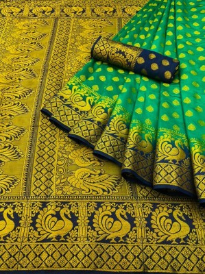 Poinex Woven Kanjivaram Silk Blend, Pure Silk Saree(Green, Blue)