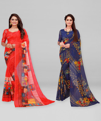 Divastri Printed Daily Wear Georgette Saree(Pack of 2, Red, Blue)