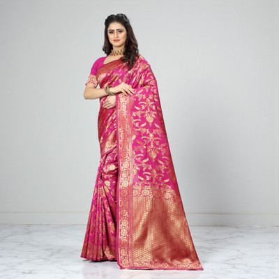 SAREEFLAME Embellished, Solid/Plain, Self Design, Striped, Temple Border, Floral Print, Woven Banarasi Art Silk, Cotton Silk Saree(Pink)