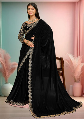 hutah Self Design, Embroidered Bollywood Velvet Saree(Black)