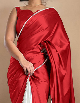 Nytra creation Solid/Plain Banarasi Satin Saree(Red)